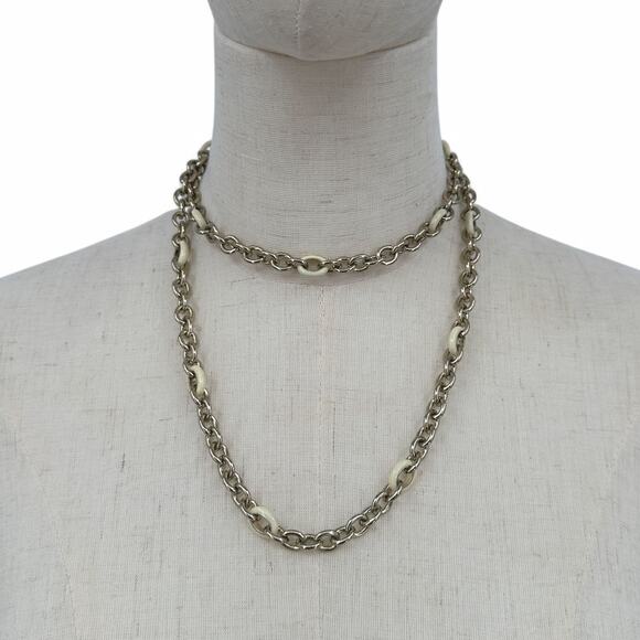 J Crew Long Chain Necklace Gold Tone with Cream Enamel Links Layering - Picture 1 of 7